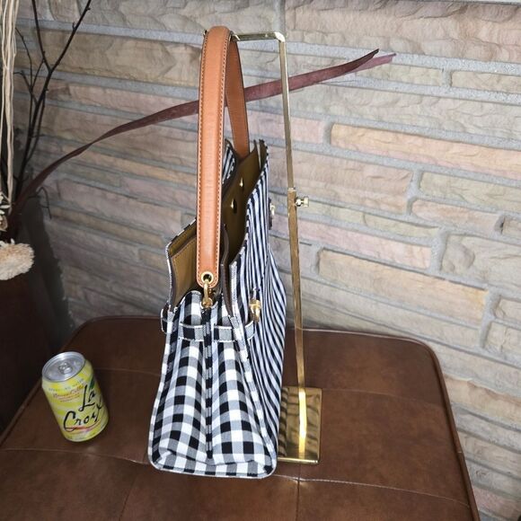 🐢 Tory Burch Black/White Checkered Canvas Lee Radziwill Top Handle Bag - Picture 11 of 17